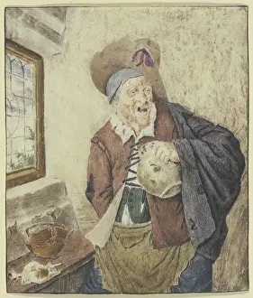 Coal Prints: Ragged peasant by a window, holding a jug, 17th century. Creator: Cornelis Dusart