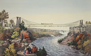 American School 19th Century Prints: The Rail Road Suspension Bridge, Near Niagara Falls, 1856, Currier & Ives (Colour