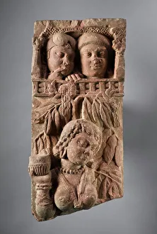 Sandstone Prints: Railing Pillar with Woman and Onlookers, c.50-25 B.C.. Creator: Unknown