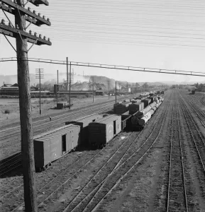 Sawmill Prints: Railroad yard, looking down from highway bridge