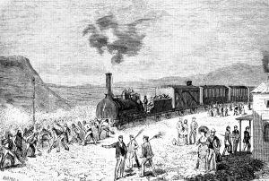 Railway line from Ciudad Real to Badajoz inaugurated in 1852, train stopped by a Railway line from Ciudad Real to Badajoz inaugurated in 1852, train stopped by a