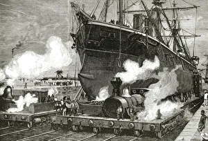 Towing Prints: Railway towing a boat across the Isthmus of Panama, engraving 1881