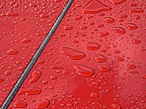 Raindrops beading on classic car paintwork