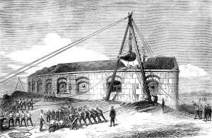 Pulley Prints: Raising a 25-ton gun at the Gilkicker Battery, Portsmouth, 1871. Creator: Unknown