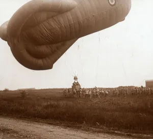 Raising Gallery: Raising of barrage balloon with basket for observation, c1914-c1918