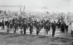 Us Flag Prints: Raising flag of N.Y. City, 1916. Creator: Bain News Service