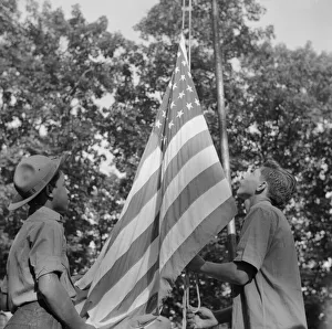 Us Flag Prints: Raising Old Glory at Camp Nathan Hale, Southfields, New York, 1943 Creator: Gordon Parks
