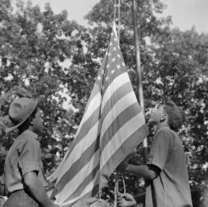Stars And Stripes Gallery: Raising Old Glory at Camp Nathan Hale, Southfields, New York, 1943 Creator: Gordon Parks