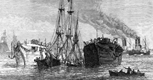 Steam Ships Prints: Raising a sunken Indiaman in the Thames, near Gravesend, 1874. Creator: Unknown