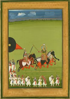 Mughal School Gallery: Rajah and son on horses disguised as elephants, and suite of attendants, c. 1810