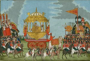 Mughal School Gallery: Rajah of Tanjore Riding an Elephant to a marriage ceremony, c. 1780. Artist: Indian Art