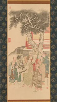 Hanging Scroll Prints: Ten Rakan Examining a Painting of White-Robed Kannon, 1792. Creator: Kato Nobukiyo