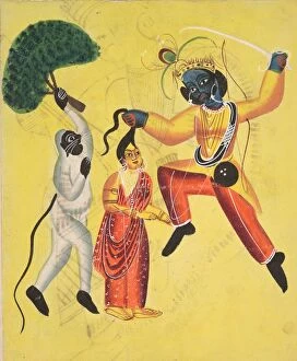 Kalighat Painting Gallery: Rama and Hanuman, Holding an Uprooted Tree, Rescues Sita, 1800s. Creator: Unknown