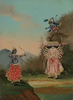 Ramayana Prints: Rama (left) and Hanuman (above, right) fighting the demon Ravana (right). Creator: Unknown