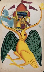 Kalighat Prints: Rama and Sita being carried in the beak of Jatayu, c1880. Creator: Unknown