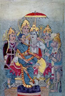 Goddesses Prints: Rama and Sita enthroned under a royal umbrella, c1900. Creator: Unknown