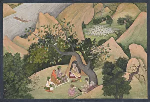Holy Man Prints: Rama, Sita, and Lakshmana at the Hermitage of Bharadvaja: Illustrated folio from... ca
