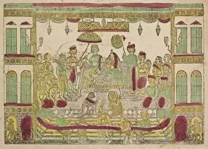 Kalighat Painting Gallery: Rama and Sita in Royal Palace, 1800s. Creator: Shri Gobinda Chandra Roy