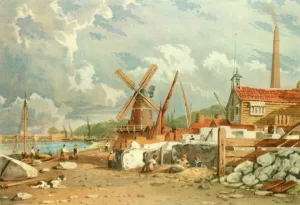 Mill Prints: Randalls Flint Mill, Nine Elms, Battersea, 1830, (1947). Creator: John Varley I