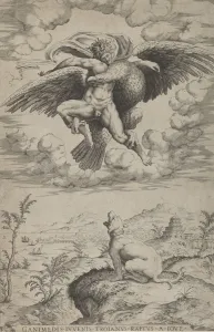 Beatrizet Nicolas Prints: The Rape of Ganymede by Jupiter in the guise of an eagle carrying him into the heavens