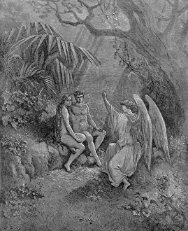John Milton Prints: Raphael talks to Adam and Eve. Illustration for John Miltons Paradise Lost