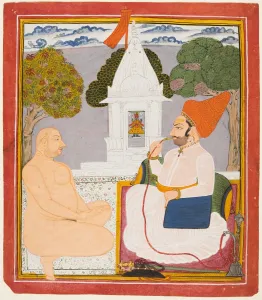 Color On Paper Prints: A Rathor Noble Visiting a Digambara holy man at a Vishnu Shrine, probably Baba Atmaram, c
