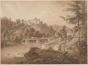 Wooden Bridge Prints: Rauenstein Castle Seen from the River's Edge, c. 1800. Creator: Adrian Zingg