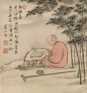 Gouache On Silk Prints: Reading monk in a bamboo forest
