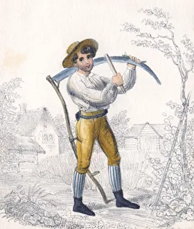 Straw Hat Prints: Reaper / haymaker sharpening his scythe with a whetstone, 19th century
