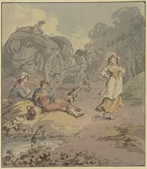 Pastel Prints: Reaper and reaper resting by a harvest wagon