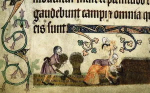 Book Art Collection: Reaping and binding sheaves (From the Luttrell Psalter), ca 1330. Artist: Anonymous