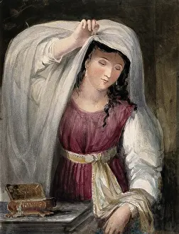 Boxes Prints: Rebecca admires the clothes and jewellery given to her by Abraham's servant, 1824