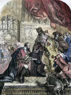 Reception of Columbus by Ferdinand and Isabella, Barcelona, 15th century, (19th century). Artist: Eugene Deveria