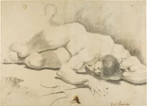 Trident Prints: Reclining Male Nude, with Trident, 1593/1602. Creator: Pietro Faccini