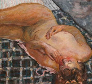 Morning Collection: Reclining nude against a white and blue plaid, c. 1909. Artist: Bonnard, Pierre