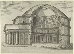 Elevation Collection: Reconstruction of the Pantheon in Rome, seen from the side, cut away to reveal the interior, 1553