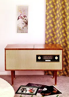 Soft Furnishing Prints: Records and a radiogram, c1950s-1960s. Creator: Arthur Charles Kirby Ware