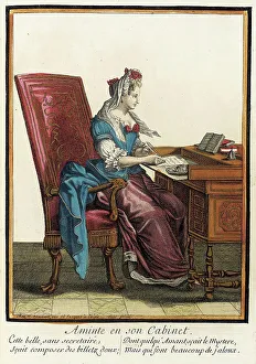 Recueil des modes de la cour de France, Aminte en son Cabinet, between circa 1678 and circa 1693. Creator: Nicolas Bonnart