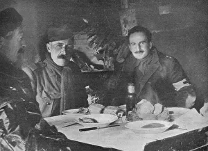 Armband Prints: Red Cross officers at dinner in a dug-out, 1914