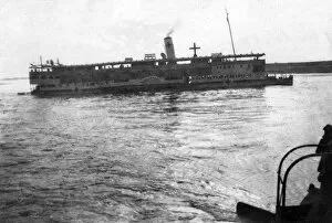 Red Cross river boat going up the Tigris River, Mesopotamia, WWI, 1918