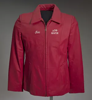 Red leather Delta Sigma Theta jacket owned by Tobi Douglas A. Pulley, 1991 Red leather Delta Sigma Theta jacket owned by Tobi Douglas A. Pulley, 1991