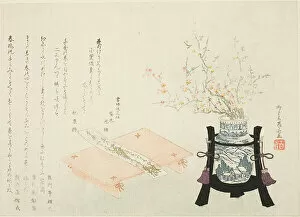 Flower Arrangement Gallery: Red and White Plum Blossoms with Poem Slip, About 1810. Creator: Shinsai