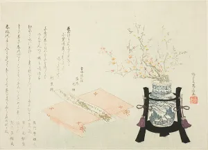 Ryuryukyo Shinsai Prints: Red and White Plum Blossoms with Poem Slip, About 1810. Creator: Shinsai