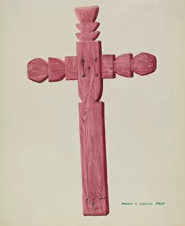 Majel G Claflin Collection: Red Wooden Cross used as Headstone, c. 1937. Creator: Majel G. Claflin