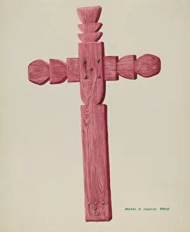 20th Century Bc Prints: Red Wooden Cross used as Headstone, c. 1937. Creator: Majel G. Claflin
