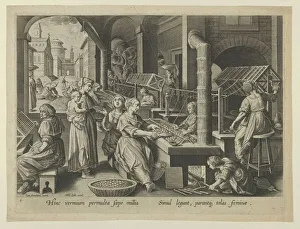 The Reeling of Silk, Plate 6 from The Introduction of the Silkworm'[Vermis Sericus]... ca. 1595. Creator: Karel van Mallery