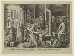 The Reeling of Silk, Plate 6 from 'The Introduction of the Silkworm' [Vermis Sericus],..., ca. 1595