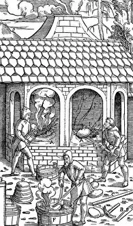 Refining copper: removing cakes of copper from the crucible and quenching in a tub of water, 1556
