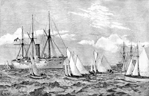Indian Ocean Prints: Regatta at Zanzibar - sailing pinnace race: rounding H.M.S. Brisk, 1890. Creator: Unknown