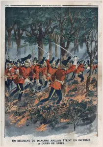 A regiment of English dragoons puts out a fire with sabre blows, 1914. Creator: Unknown A regiment of English dragoons puts out a fire with sabre blows, 1914. Creator: Unknown